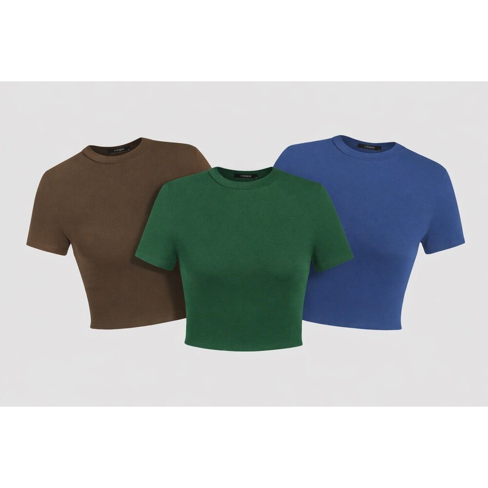 CIDER Cropped T-Shirts Lot of 3 | Size Large | Blue Green Brown | Minimal Basics
